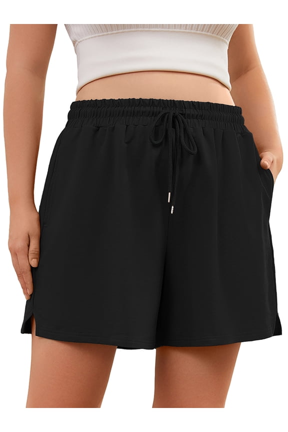 Women's Plus Size Activewear Shorts, Soft Cotton Lounge Shorts with Pockets & Side Slits, Black 1X Gym Shorts