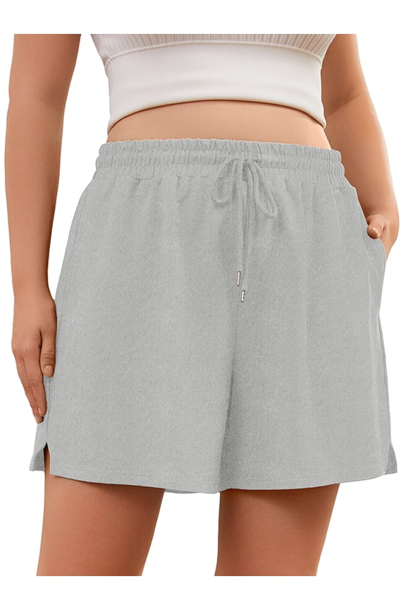Women's Plus Size Athletic Shorts with Pockets, Light Gray 2X Cotton Blend Workout Shorts with Side Slits & Drawstring