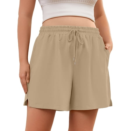 SHOWMALL Women's Plus Size Athletic Shorts with Pockets, Light Khaki 4X Cotton Blend Workout Shorts with Side Slits & Drawstring