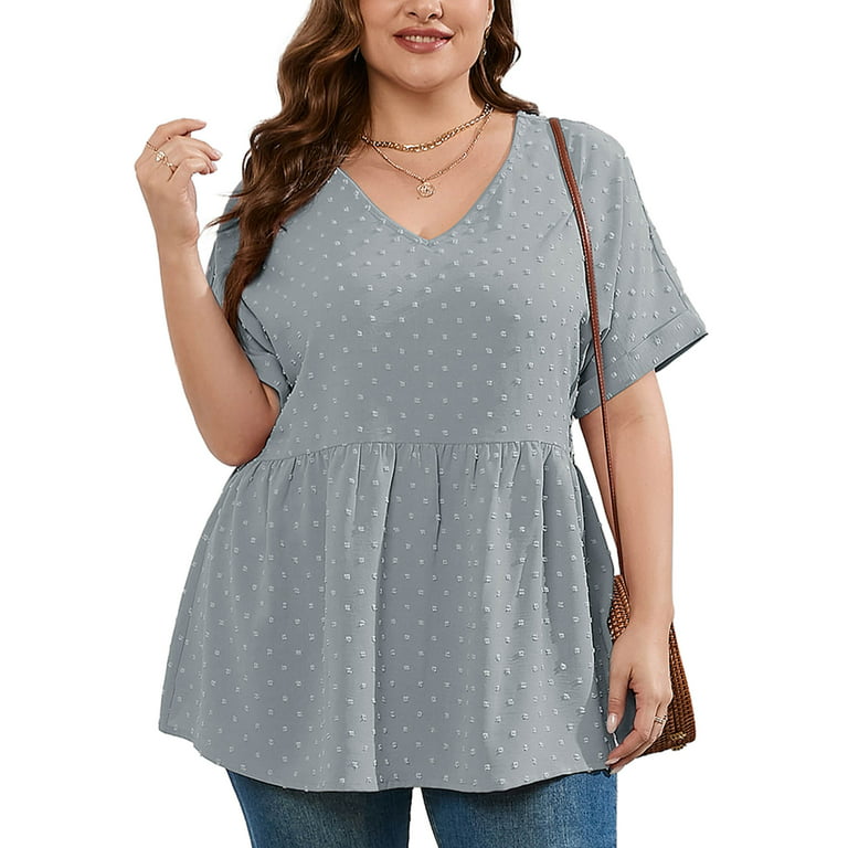 SHOWMALL Women's Plus Size Blouse V-Neck Flowy Babydoll Peplum Tunic Tops  Swiss Dot Tops Loose Fit Short Sleeve T Shirts, US Size 2X in Mid Grey 