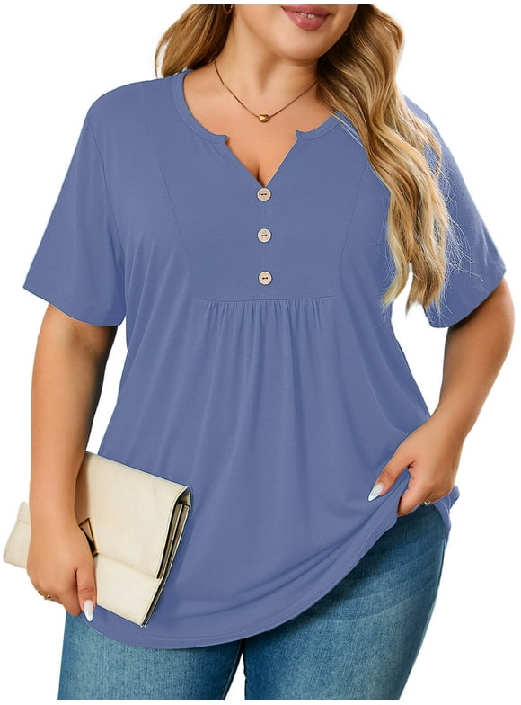 Women's Plus Size Blouse V-Neck Loose Fit Comfy Button Henley Shirt Purple Gray 3X Short Sleeve Curvy Fit Tops