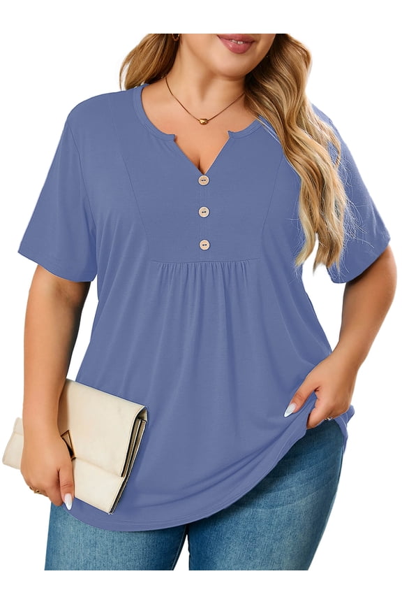 Women's Plus Size Blouse V-Neck Loose Fit Comfy Button Henley Shirt Purple Gray 4X Short Sleeve Curvy Fit Tops