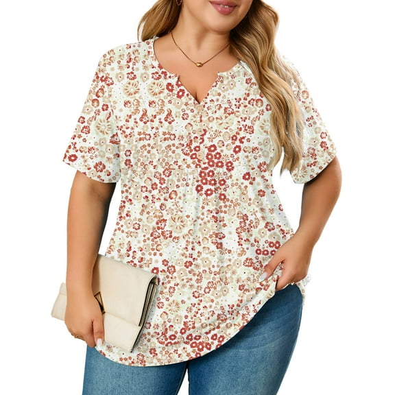 SHOWMALL Women's Plus Size Blouse V-Neck Loose Fit Comfy Button Henley Shirt Soft Cream Doodle Blooms 2X Short Sleeve Curvy Fit Tops