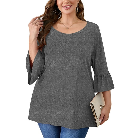 SHOWMALL Women's Plus Size Blouses Fared Sleeve Ultimate T shirts Gray 1X Scoop Neck Casual Tunic Tops 3/4 Sleeves Basic Tops