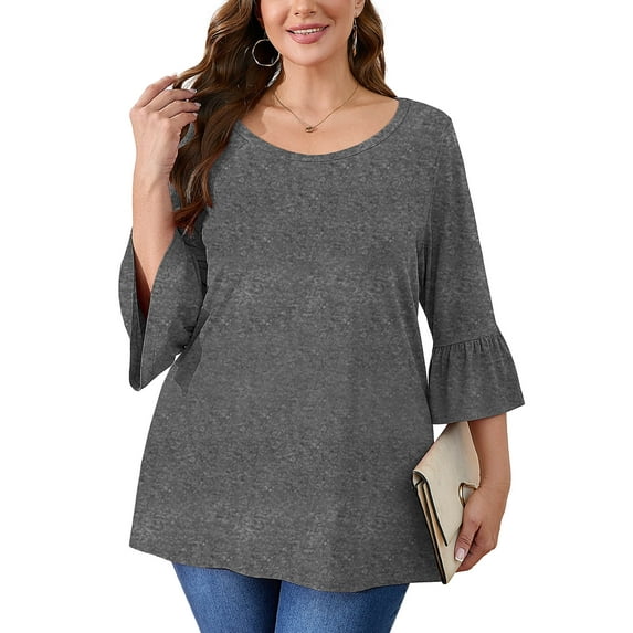 SHOWMALL Women's Plus Size Blouses Fared Sleeve Ultimate T shirts Gray 5X Scoop Neck Casual Tunic Tops 3/4 Sleeves Basic Tops