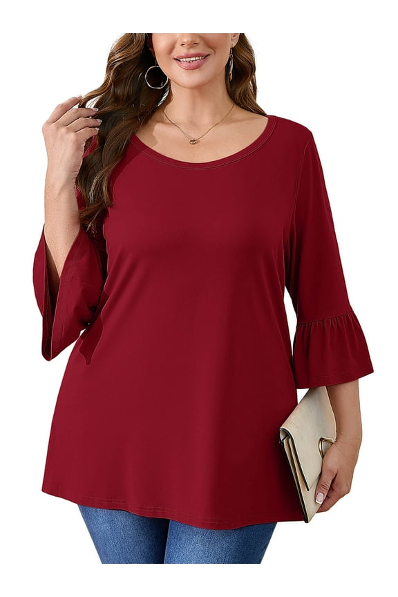 Women's Plus Size Blouses Fared Sleeve Ultimate T shirts Wine Red 1X Scoop Neck Casual Tunic Tops 3/4 Sleeves Basic Tops