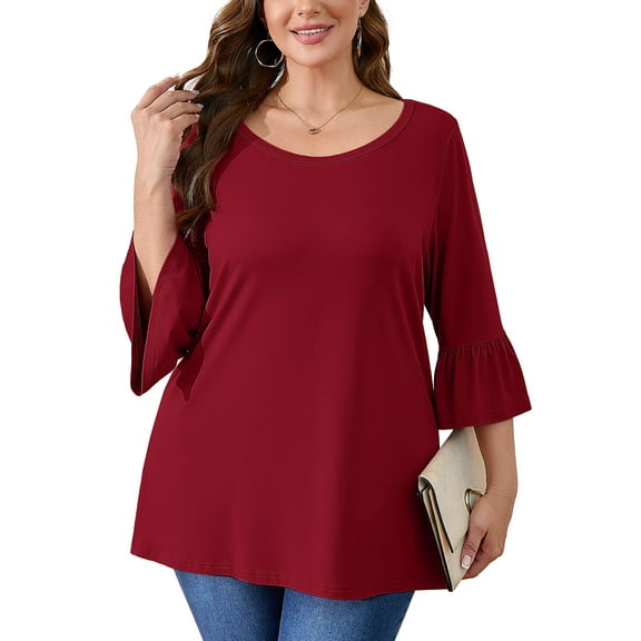 SHOWMALL Women's Plus Size Blouses Fared Sleeve Ultimate T shirts Wine Red 4X Scoop Neck Casual Tunic Tops 3/4 Sleeves Basic Tops