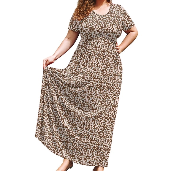 SHOWMALL Women's Plus Size Boho Floral Maxi Dress with Pockets, Cocoa Mini Floral 3X Short Sleeve Flowy Casual Spring Dress