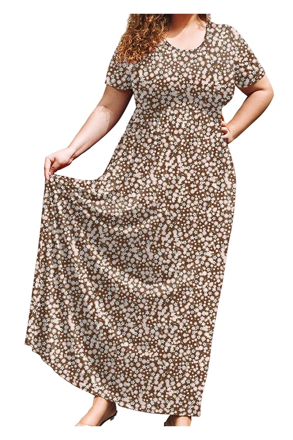 Women's Plus Size Boho Floral Maxi Dress with Pockets, Cocoa Mini Floral 3X Short Sleeve Flowy Casual Spring Dress