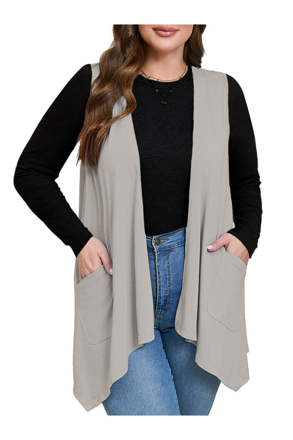 Women's Plus Size Boleros Sleeveless High Low Hem Draped Light Gray 1X Relaxed Fit Open Front Lightweight Jacket with Pockets Spring Summer Fall Layering Essential