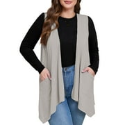 SHOWMALL Women's Plus Size Boleros Sleeveless High Low Hem Draped Light Gray 2X Relaxed Fit Open Front Lightweight Jacket with Pockets Spring Summer Fall Layering Essential