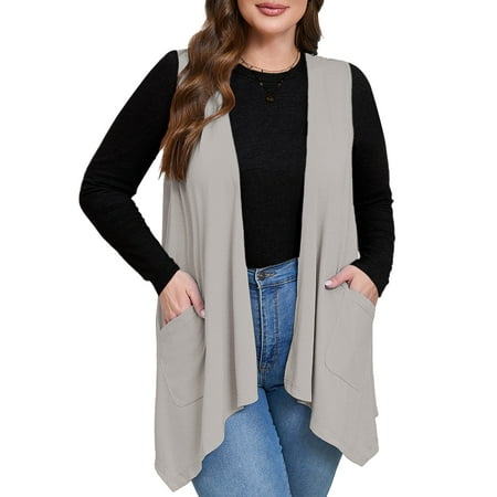 SHOWMALL Women's Plus Size Boleros Sleeveless High Low Hem Draped Light Gray 2X Relaxed Fit Open Front Lightweight Jacket with Pockets Spring Summer Fall Layering Essential