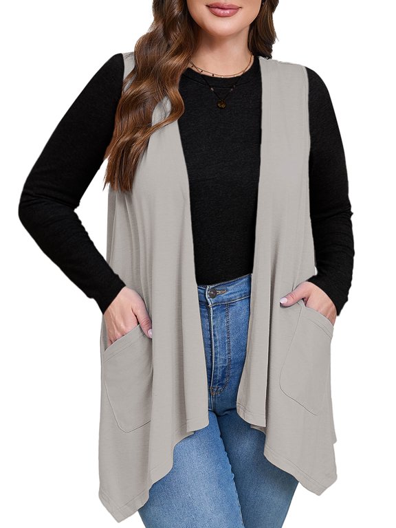 Women's Plus Size Boleros Sleeveless High Low Hem Draped Light Gray 2X Relaxed Fit Open Front Lightweight Jacket with Pockets Spring Summer Fall Layering Essential