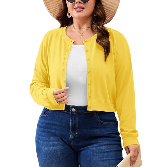 SHOWMALL Women's Plus Size Cropped Cardigan Long Sleeve Button Down Sweater Casual Knit Tops Shrugs