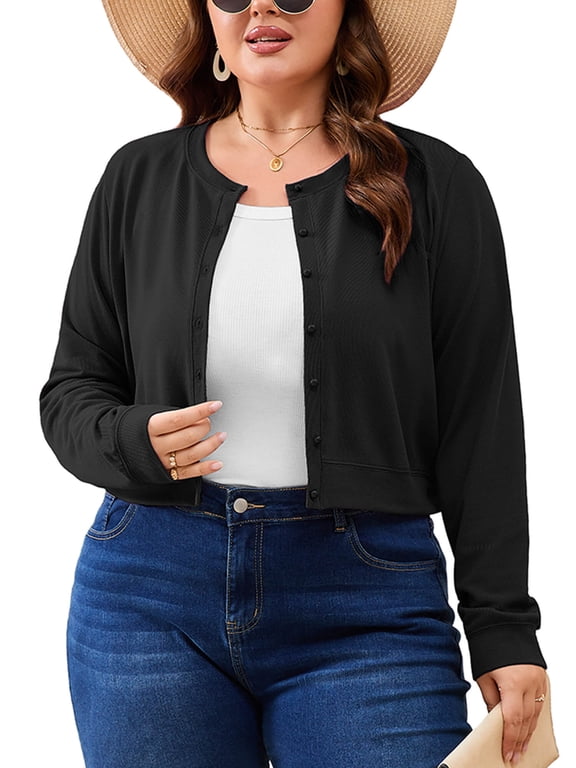 Women's Plus Size Cropped Cardigan Long Sleeve Button Down Sweater Casual Knit Tops Shrugs