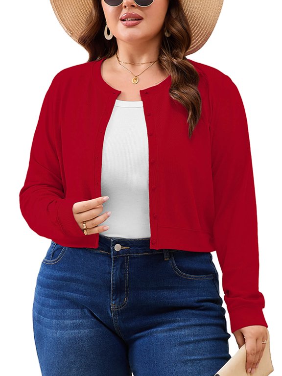 Women's Plus Size Cropped Cardigan Long Sleeve Button Down Sweater Casual Knit Tops Shrugs