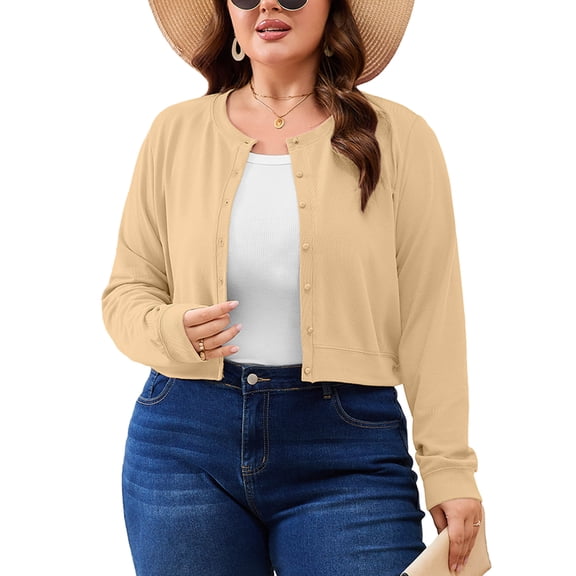 SHOWMALL Women's Plus Size Cropped Cardigan Long Sleeve Button Down Sweater Casual Knit Tops Shrugs