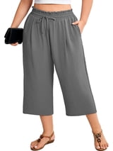SHOWMALL Women's Plus Size Capris with Pockets, High Waisted Elastic Waist Cropped Pants, Gray 3X Wrinkle-Resistant Wide Leg Culottes for Office & Vacation
