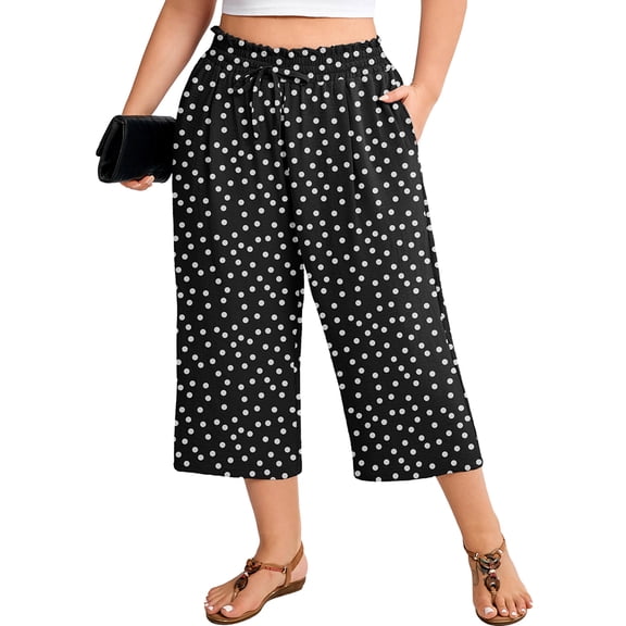 SHOWMALL Women's Plus Size Capris with Pockets, High Waisted Elastic Waist Cropped Pants, Polkadots Black 4X Wrinkle-Resistant Wide Leg Culottes for Office & Vacation