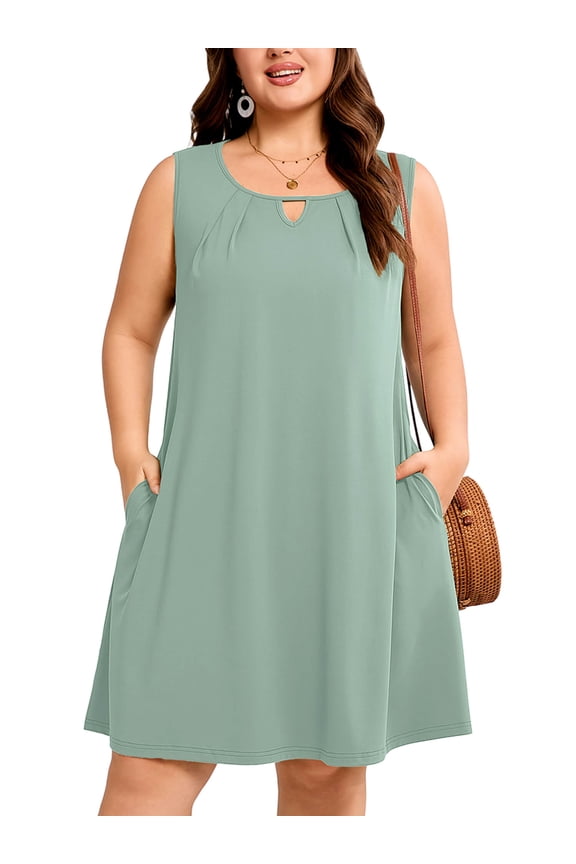 Women's Plus Size Casual A-Line Dress, Sleeveless Summer Beach Dress with Pockets, Mint Green 3X High Waist Flowy Shift Dress for Daily Wear