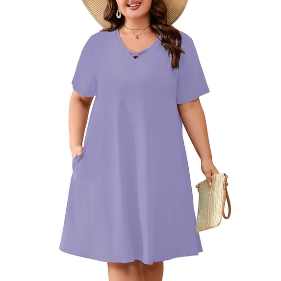 SHOWMALL Women's Plus Size Casual Dress with Pockets, Criss Cross V-Neck Soft Short Sleeve Sundress, Purple Gray 3X Cozy Comfort Loungewear for Daily Wear