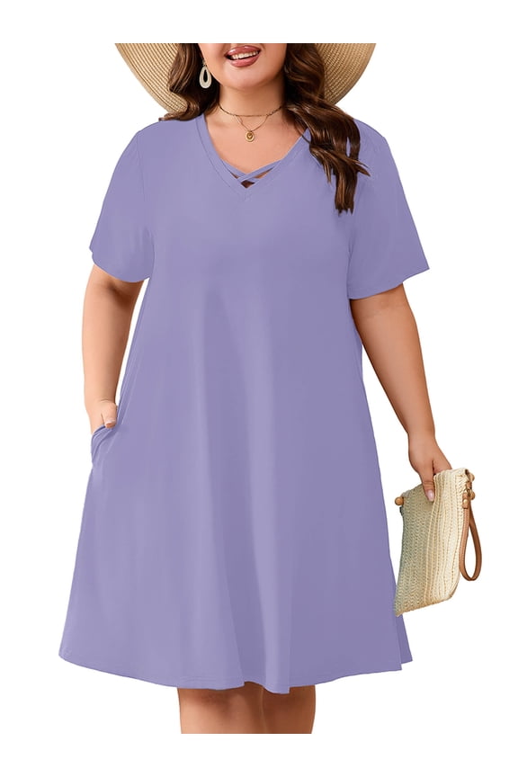 Women's Plus Size Casual Dress with Pockets, Criss Cross V-Neck Soft Short Sleeve Sundress, Purple Gray 3X Cozy Comfort Loungewear for Daily Wear