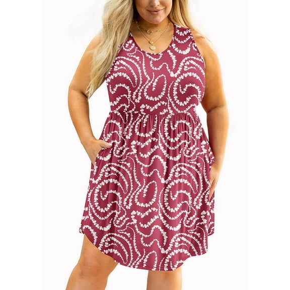 SHOWMALL Women's Plus Size Casual Dress Summer Ripples Red 2X Sleeveless Scoop Neck Flowy Pleated knee-length Sun Beach Boho Elegant Girls Floral Swing Dresses with Pockets