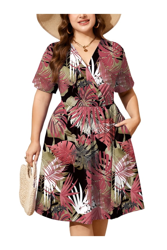 Women's Plus Size Casual Summer Dress with Pockets, Crossover V Neck Beach Party Dress, Jungle Leaf Black 3X Soft Breathable High Waist Sun Dress