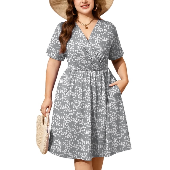 SHOWMALL Women's Plus Size Casual Summer Dress with Pockets, Crossover V Neck Beach Party Dress, Grey Sakura 5X Soft Breathable High Waist Sun Dress