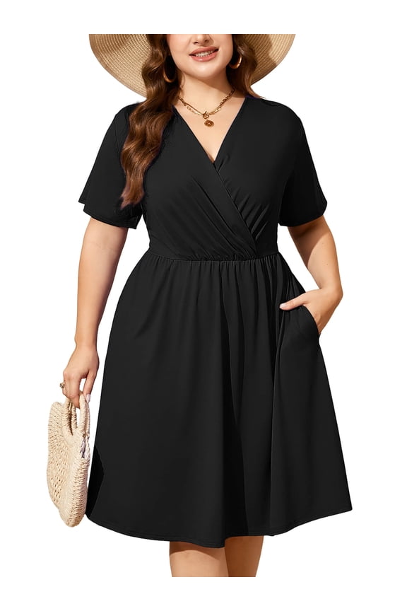 Women's Plus Size Dress, Crossover Wrap V Neck Summer Dress with Pockets, Black 1X Elastic High Waist A-Line Casual Party Work Dress