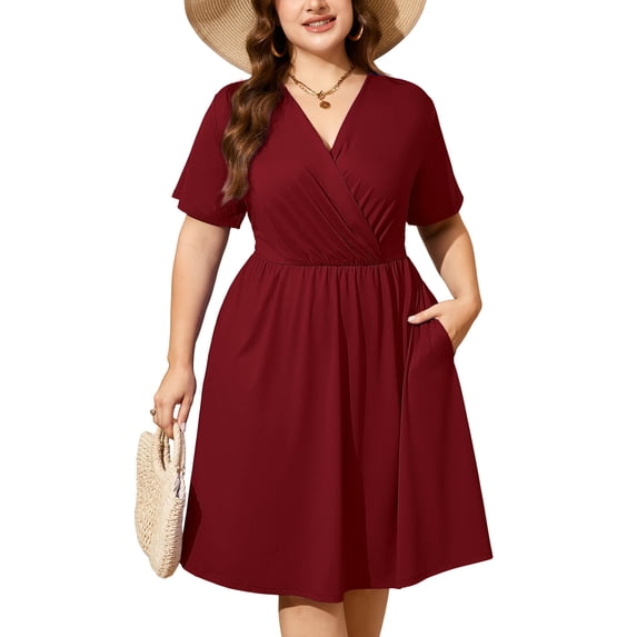 SHOWMALL Women's Plus Size Dress, Crossover Wrap V Neck Summer Dress with Pockets, Wine Red 2X Elastic High Waist A-Line Casual Party Work Dress
