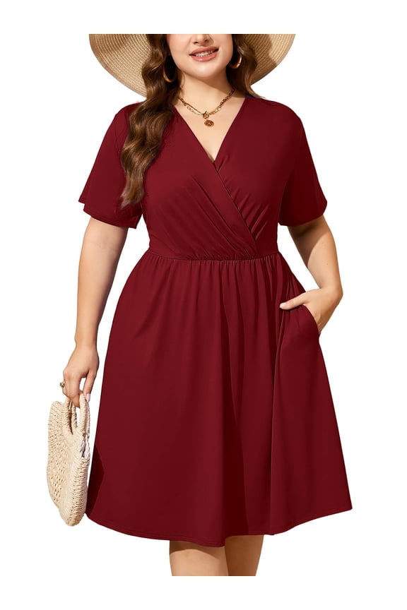 Women's Plus Size Dress, Crossover Wrap V Neck Summer Dress with Pockets, Wine Red 3X Elastic High Waist A-Line Casual Party Work Dress