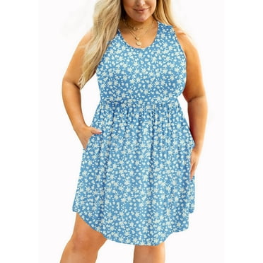 SHOWMALL Women's Plus Size Dress Summer Blue Butterflies 3X Casual Sleeveless Scoop Neck Flowy Pleated knee-length Sun Beach Boho Elegant Girls Floral Swing Dresses with Pockets