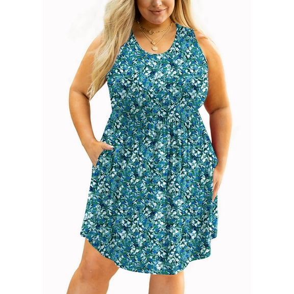 SHOWMALL Women's Plus Size Dress Summer Floral Monet Garden 3X Casual Sleeveless Scoop Neck Flowy Pleated knee-length Sun Beach Boho Elegant Girls Babydoll Swing Dresses with Pockets