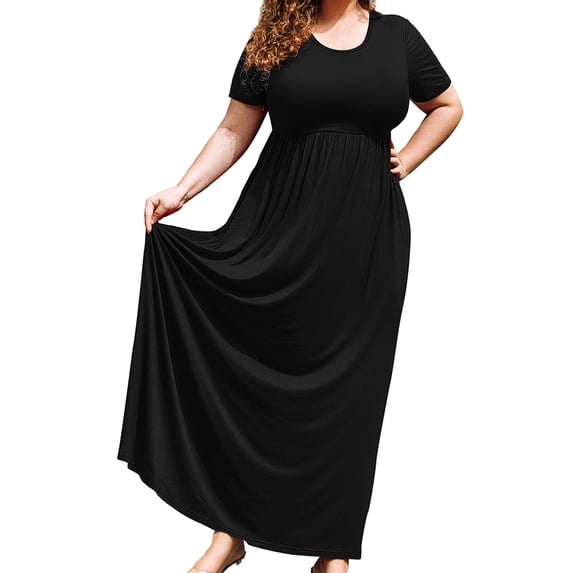 SHOWMALL Women's Plus Size Elegant Maxi Dress with Pockets, Black 2X Short Sleeve Scoop Neck Casual to Dressy Curvy Fit