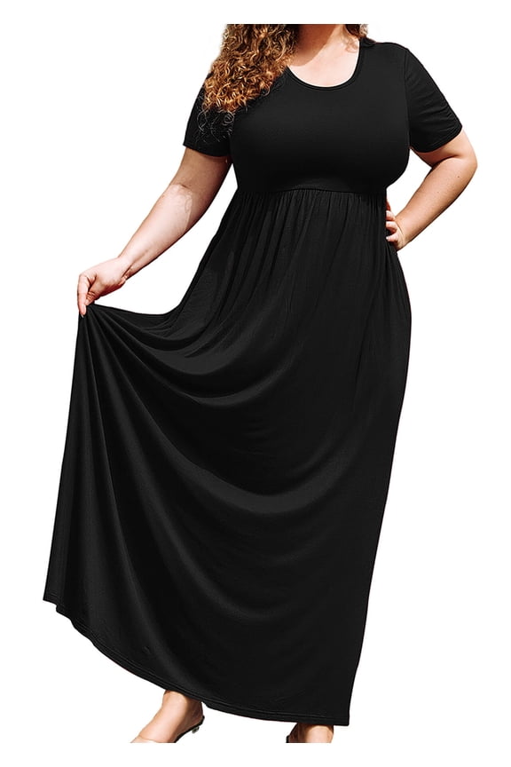 Women's Plus Size Elegant Maxi Dress with Pockets, Black 3X Short Sleeve Scoop Neck Casual to Dressy Curvy Fit