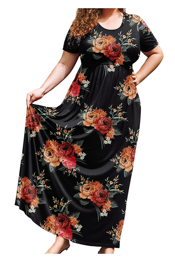 Women's Plus Size Floral Maxi Dress with Pockets, Elegant Floral Black 2X Short Sleeve Boho Summer Casual Dress