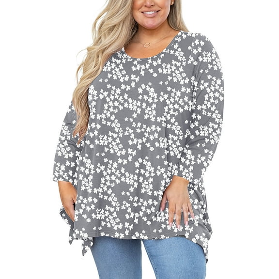 SHOWMALL Women's Plus Size Floral Print Long Sleeve Top, Grey Sakura 4X Swing Tunic with Sharkbite Hem, Casual Shirts for Work/Office/Travel