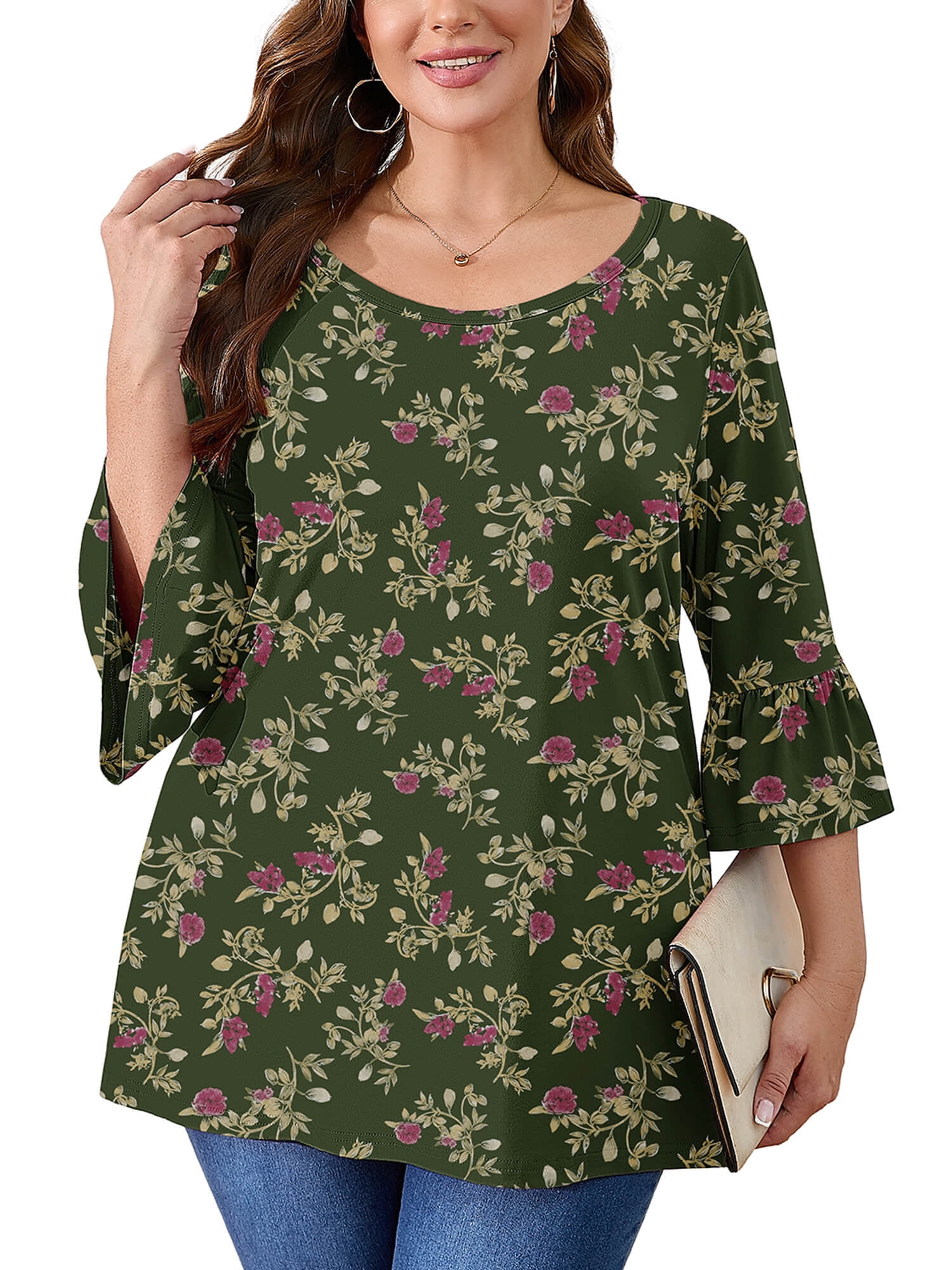Sexy Tops For Women Fall Floral Print Blouse 3/4 Sleeve Crew Neck Plus Size Tunics Dressy Casual Shirts Womens Fall 3 4 Length Sleeve Tops 2024 Fashion F