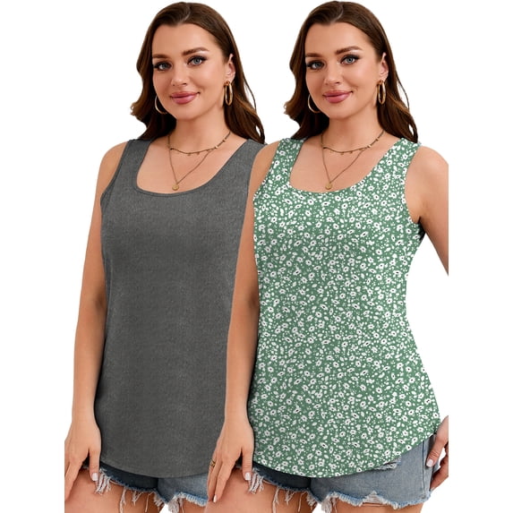 SHOWMALL Women's Plus Size Flowy Tank Tops 2 Pack, Cute Daisy Floral Loose Fit Summer Shirts, Scoop Neck Sleeveless Tops -Gray & Daisy Green 2X