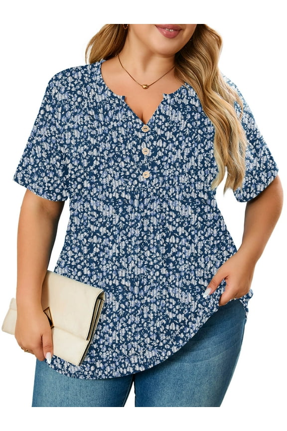 Women's Plus Size Henley Shirt Short Sleeve V Neck Tunic Tops Button Up Blouse Navy Blue Vertical Floral 1X Casual Pleated Basic Tops