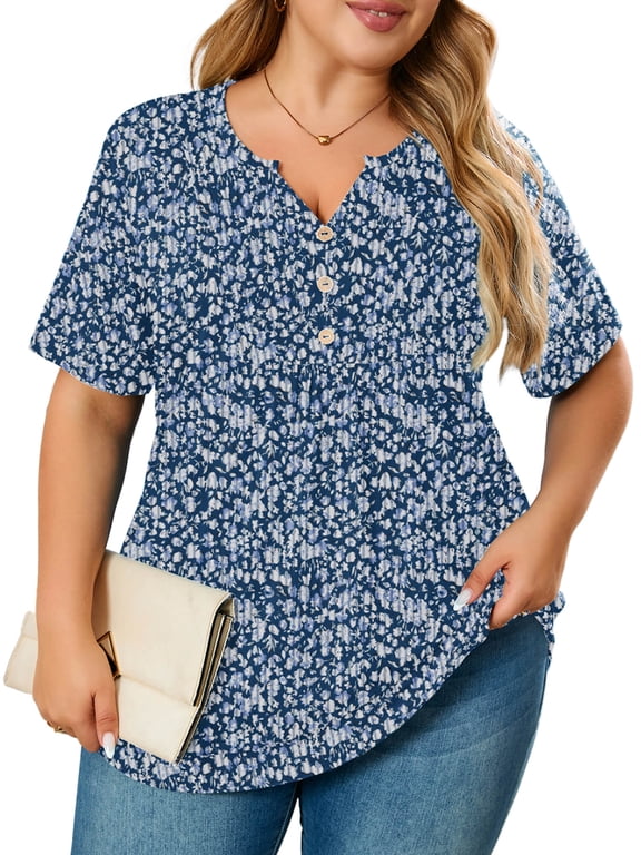 Women's Plus Size Henley Shirt Short Sleeve V Neck Tunic Tops Button Up Blouse Navy Blue Vertical Floral 2X Casual Pleated Basic Tops