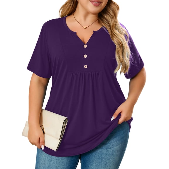 SHOWMALL Women's Plus Size Henley Shirt Short Sleeve V Neck Tunic Tops Button Up Blouse Purple 3X Casual Pleated Basic Tops