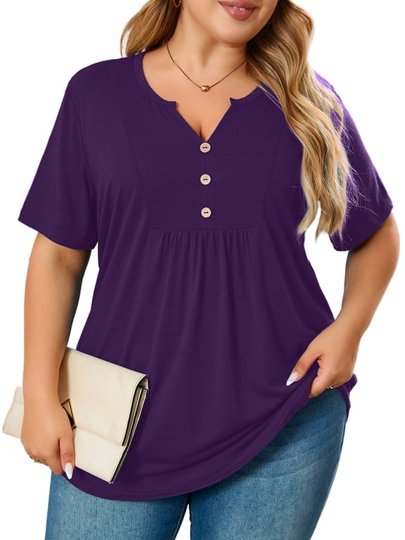 Women's Plus Size Henley Shirt Short Sleeve V Neck Tunic Tops Button Up Blouse Purple 3X Casual Pleated Basic Tops