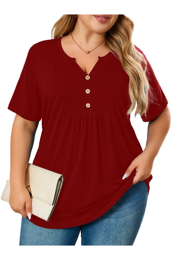 Women's Plus Size Henley Shirt Short Sleeve V Neck Tunic Tops Button Up Blouse Wine Red 2X Casual Pleated Basic Tops