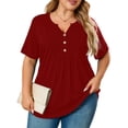 thumbnail image 1 of SHOWMALL Women's Plus Size Henley Shirt Short Sleeve V Neck Tunic Tops Button Up Blouse Wine Red 4X Casual Pleated Basic Tops, 1 of 6