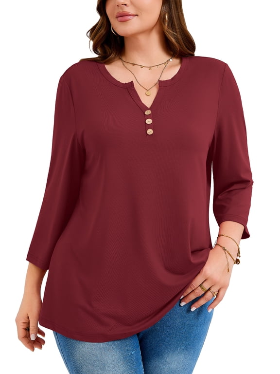 Women's Dressy Casual Tops, Plus Size 3/4 Sleeve Button V Neck Tunic Blouse, Burgundy, Size 3X