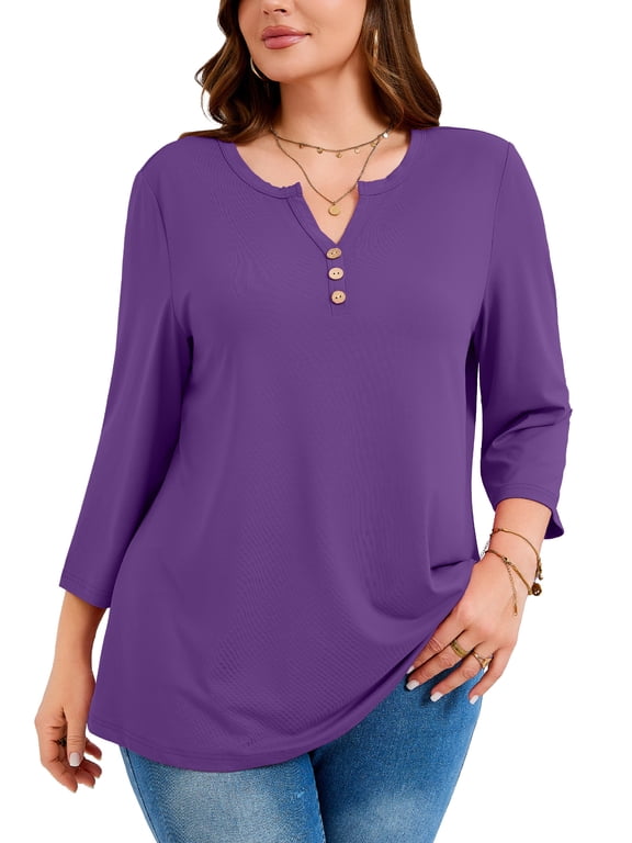 Plus Size Blouses for Women, 3/4 Sleeve Button V Neck Loose Fit Tunic Top, Purple, Size 2X