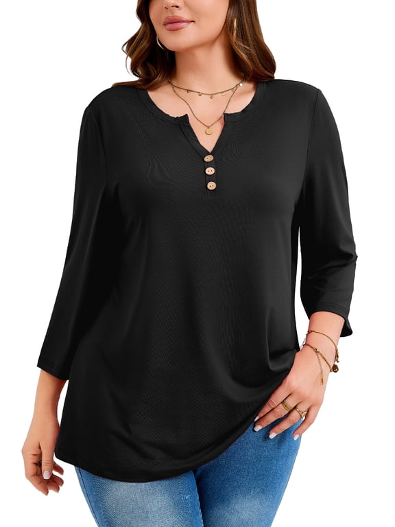 Women's Dressy Casual Tops, Plus Size 3/4 Sleeve Button V Neck Tunic Blouse, Black, Size 3X