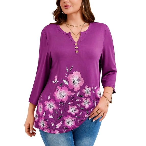 SHOWMALL Plus Size Floral Tops for Women, 3/4 Sleeve Button V Neck Vacation Tunic Blouse, Plum Hibiscus Border Print, Size 5X